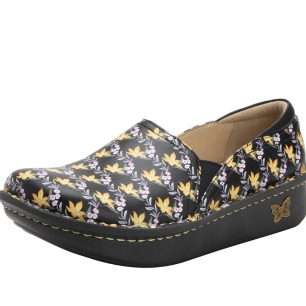 ALEGRIA Debra Aloha black floral slip-on slip-resistant comfort nursing shoes